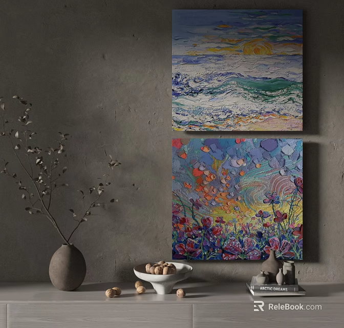 Oil Painting Wall Art With Sunset Wave And Colorful Flower Design Vase Nuts Decor 3d model 