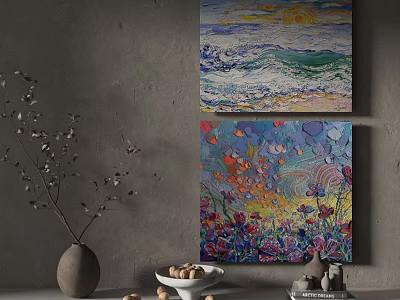 Oil Painting Wall Art With Sunset Wave And Colorful Flower Design Vase Nuts Decor 3d model