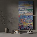 Oil Painting Wall Art With Sunset Wave And Colorful Flower Design Vase Nuts Decor