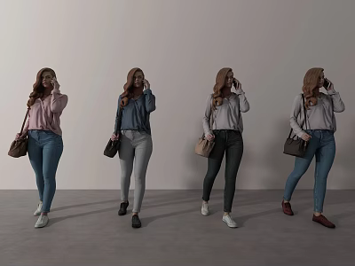 Four Women Standing In Gray Background With Different Tops Pants And Handbags 3d model