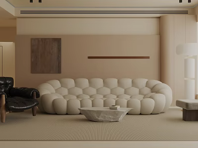 Modern Living Room Interior With Beige Cloud Sofa Black Leather Armchair And Marble Coffee Table 3d model