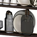 Modern Minimalist Dinnerware Set With Ceramic Plates Bowls Mugs And Shakers On Wooden Shelves