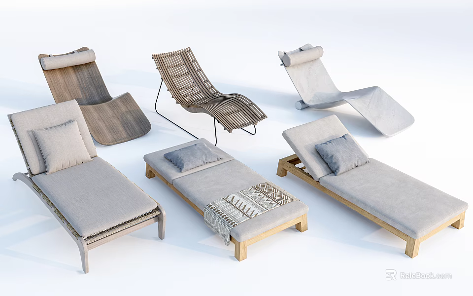 Comfortable Modern Lounge Chairs With Rattan Wooden Frames And Soft Fabric Pillows 3d model 