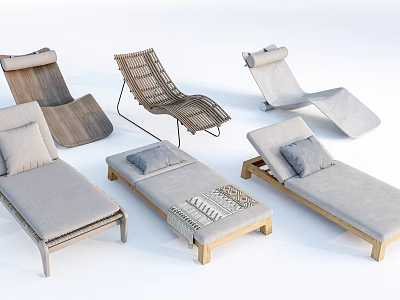 Comfortable Modern Lounge Chairs With Rattan Wooden Frames And Soft Fabric Pillows 3d model
