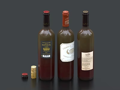 Three Glass Wine Bottles With Red And Gold Caps On Dark Background 3d model