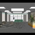 Modern Hotel Lobby With Large Windows City View Green Reception Desk Brown Sofas And Plants