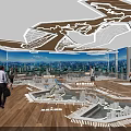 Urban Exhibition Hall With City Models Visitors Ceiling Design And Cityscape Backdrop