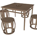 Wooden Square Dining Table Set With Four Round Stools And Central Panel 3d model