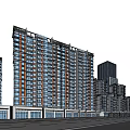 Modern High Rise Residential Buildings With Street Shops And Blue Sky View