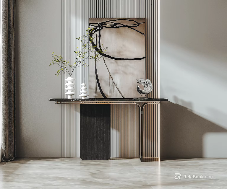 Modern Console Table With Vertical Striped Wall Panel And Decorative Vase Green Plant Artwork 3d model 