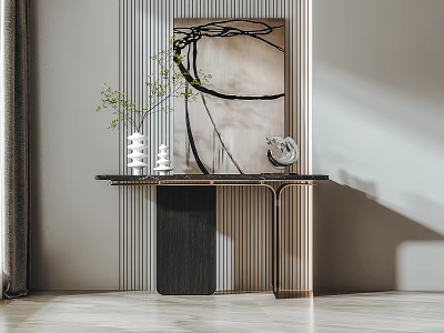 Modern Console Table With Vertical Striped Wall Panel And Decorative Vase Green Plant Artwork 3d model