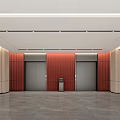 Modern Elevator Lobby With Red Panel Walls Gray Tiled Floor And Ceiling Lights 3d model
