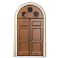 Classic Wooden Double Door With Arched Frame And Three Circular Glass Windows