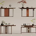 Traditional Chinese Console Table With Wooden Frame And Decorative Plants Ornaments