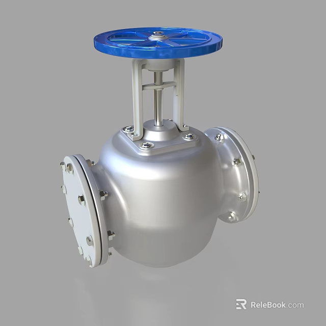 Industrial Metal Valve With Silver Body And Blue Top Handle Flange Design 3d model 