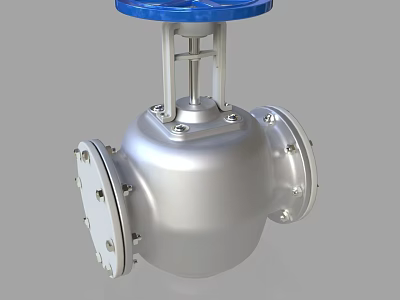 Industrial Metal Valve With Silver Body And Blue Top Handle Flange Design 3d model