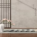 Traditional Chinese Tea Set with Wooden Grid Screen Gray Wall White Vase and Pink Flowers