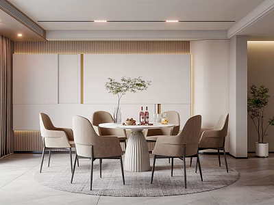 Modern Restaurant Dining Room With Round Table Beige Chairs Vase Green Plant And Light Strips 3d model