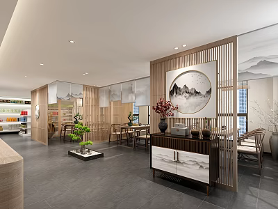 Traditional Chinese Teahouse Interior With Wooden Screens Landscape Painting And Green Plants 3d model