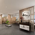 Traditional Chinese Teahouse Interior With Wooden Screens Landscape Painting And Green Plants
