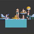 Cartoon Scene With Swimming Pool People Swimming And Relaxing Inflatable Toys And Blue Chairs
