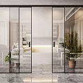 Modern Glass Sliding Doors With Black Frames And Frosted Vertical Stripes In Interior Space
