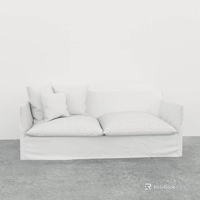 Minimalist Two Seater Fabric Sofa With Decorative Pillows And White Wall Gray Floor 3d model 