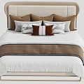 Modern Double Bed with Beige Headboard Multiple Pillows and Brown White Striped Blanket