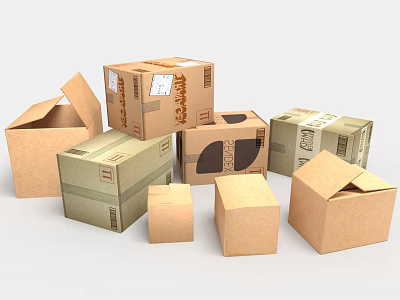 Various Sizes Of Brown Cardboard Boxes With Open Closed Lids And Labels 3d model