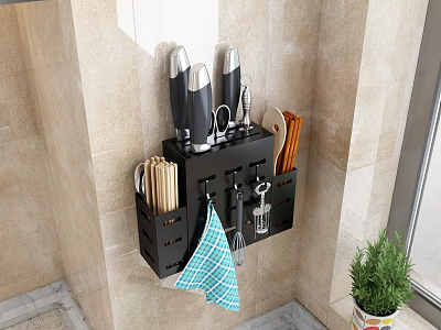Wall Mounted Kitchen Utensils Organizer With Knives Chopsticks Spoons And Towel 3d model