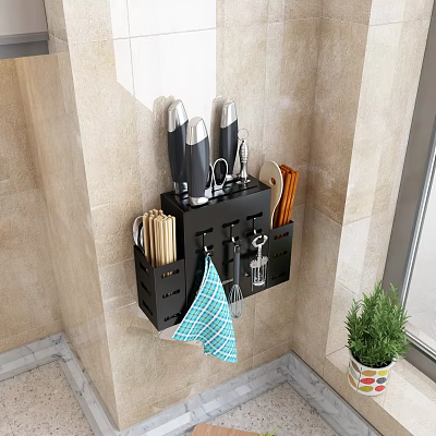 Wall Mounted Kitchen Utensils Organizer With Knives Chopsticks Spoons And Towel 3d model