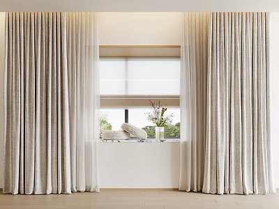 Light Beige Textured Curtains With Sheer Layers Roller Blinds And Window Sill Cushions Greenery View 3d model