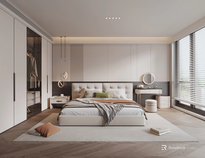 Modern Bedroom Interior Design With White Wardrobes Headboard Rug Round Mirror And Window Blinds 3d model 