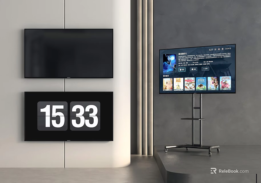Modern Style Interior With Wall Mounted Floor Standing TVs Showing Programs Apps Digital Clock 1533 3d model