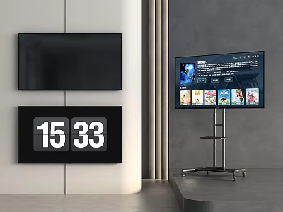 Modern Style Interior With Wall Mounted Floor Standing TVs Showing Programs Apps Digital Clock 1533 3d model