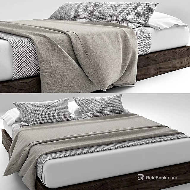 Minimalist Double Bed Design With Wooden Frame Gray Blanket And Geometric Pillows 3d model 
