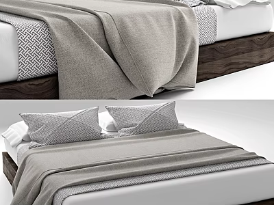 Minimalist Double Bed Design With Wooden Frame Gray Blanket And Geometric Pillows 3d model