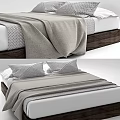 Minimalist Double Bed Design With Wooden Frame Gray Blanket And Geometric Pillows
