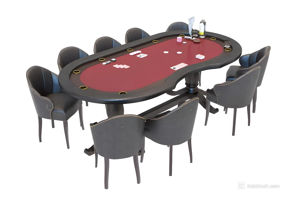 Oval Poker Table and Gray Chairs Set with Red Felt Surface and Playing Cards 3d model 