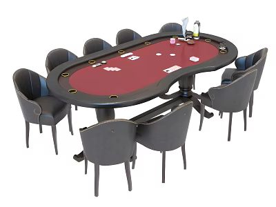 Oval Poker Table and Gray Chairs Set with Red Felt Surface and Playing Cards 3d model