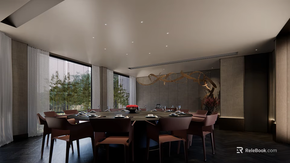 Elegant Modern Private Dining Room With Round Table Comfortable Chairs And Green Trees Outside Window 3d model 