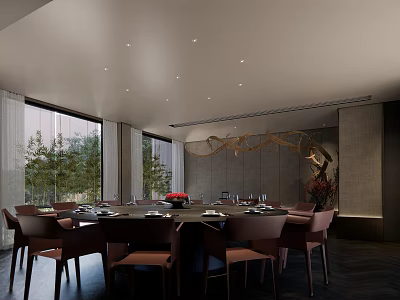 Elegant Modern Private Dining Room With Round Table Comfortable Chairs And Green Trees Outside Window 3d model