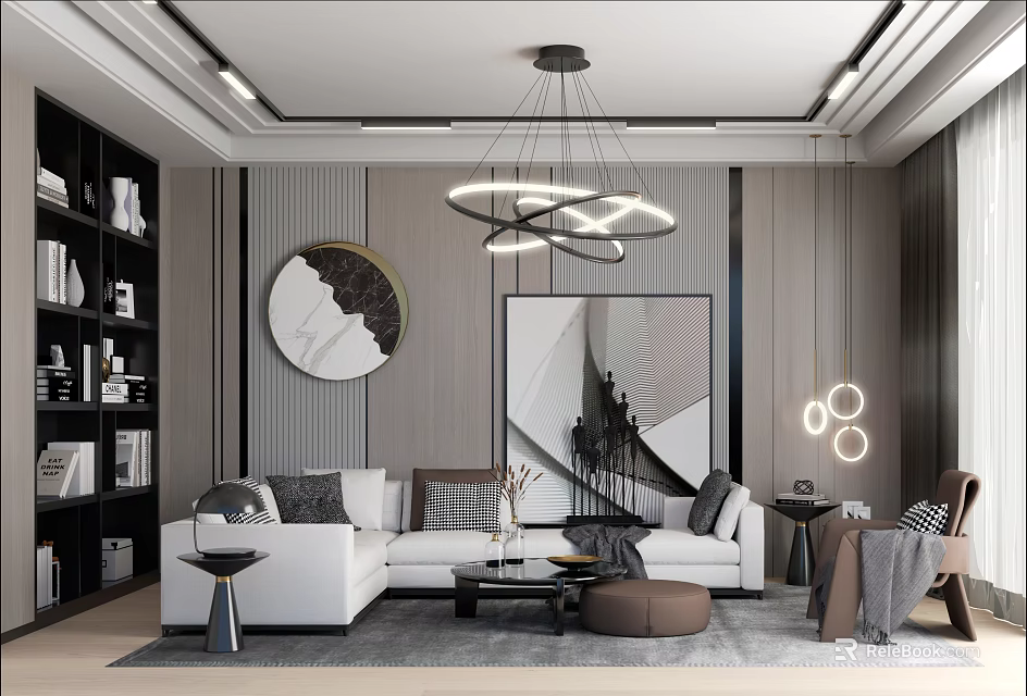 Modern Living Room Interior With Circular Chandelier Large Artwork And White Sofa 3d model 