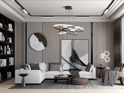 Modern Living Room Interior With Circular Chandelier Large Artwork And White Sofa 3d model