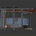 Industrial Style Scene Components With Metal Pipes Blue Wall Panels Workbench And Barrel