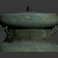 Ancient Bronze Sculpture Carving With Lid Ring Handles Greenish Patina And Decorative Patterns