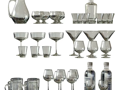 Assorted Glassware Collection Featuring Pitcher Wine Martini Shot And Tumbler Glasses 3d model