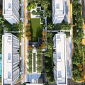 Aerial View Of Modern Residential Landscape With Green Gardens Courtyards And Lush Vegetation
