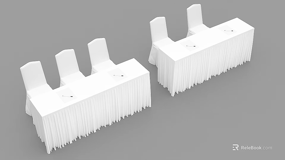 White Tablecloth Covered Long Tables With Three White Chairs Each And Simple Table Items 3d model