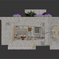Detailed Stone Architectural Model With Steps Entrance And Top Purple Flowers